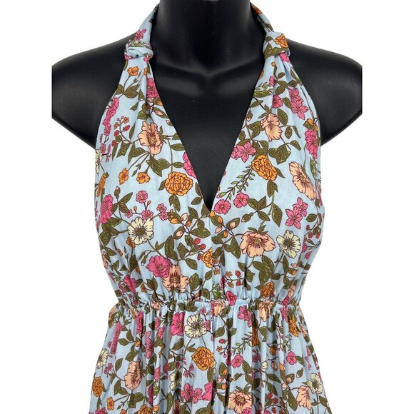 Magii Romper Women Size Medium Blue Pink Floral Halter Pockets Rayon Stretch New - Picture 2 of 10